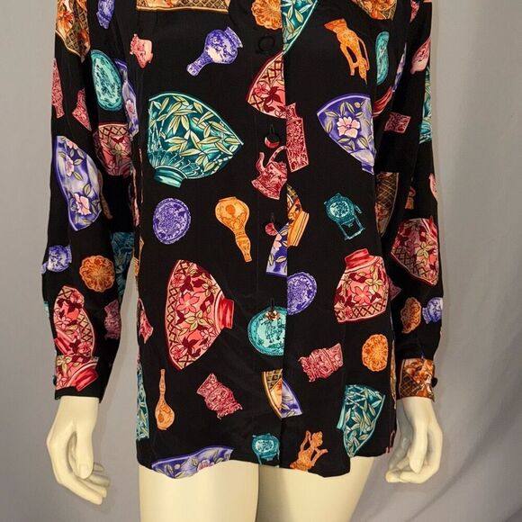 Vintage Diane Von Furstenberg Funky Print 100% Silk Button Down Shirt Small - Picture 3 of 11